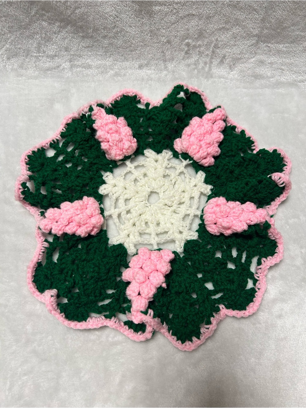 vintage crochet round doily white green three dimensional pink grape clusters